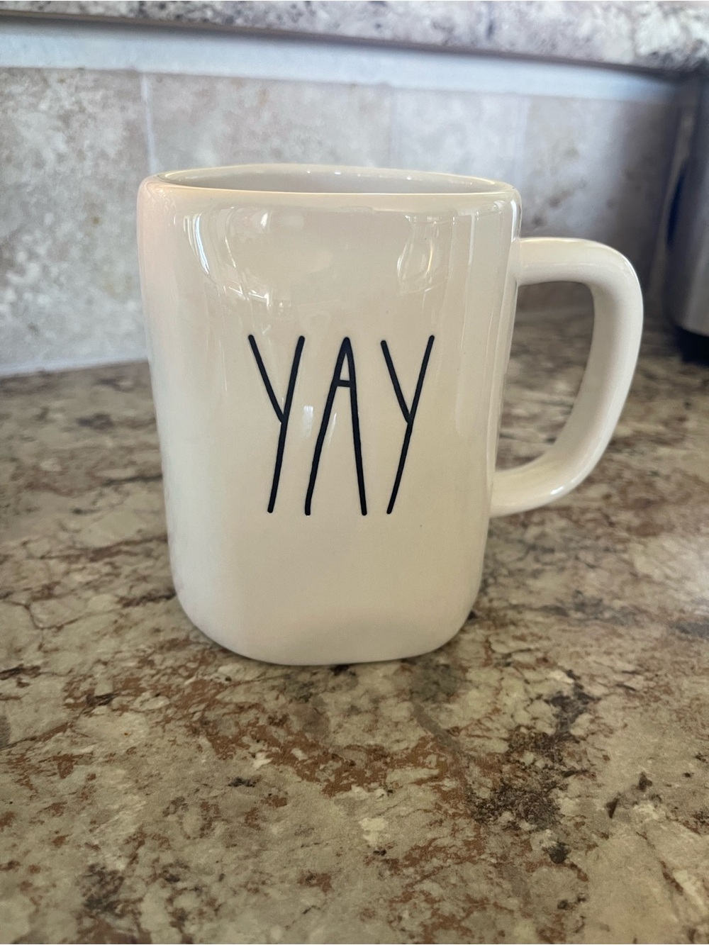 Rae Dunn Cream Mug with Black "YAY" Lettering